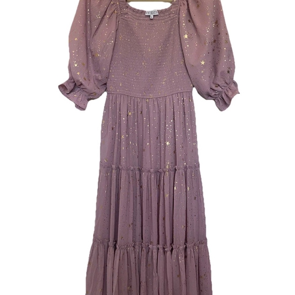Ivy City Co XS Dress Lilac Gold Star Accents Cottagecore Midi Coquette Feminine